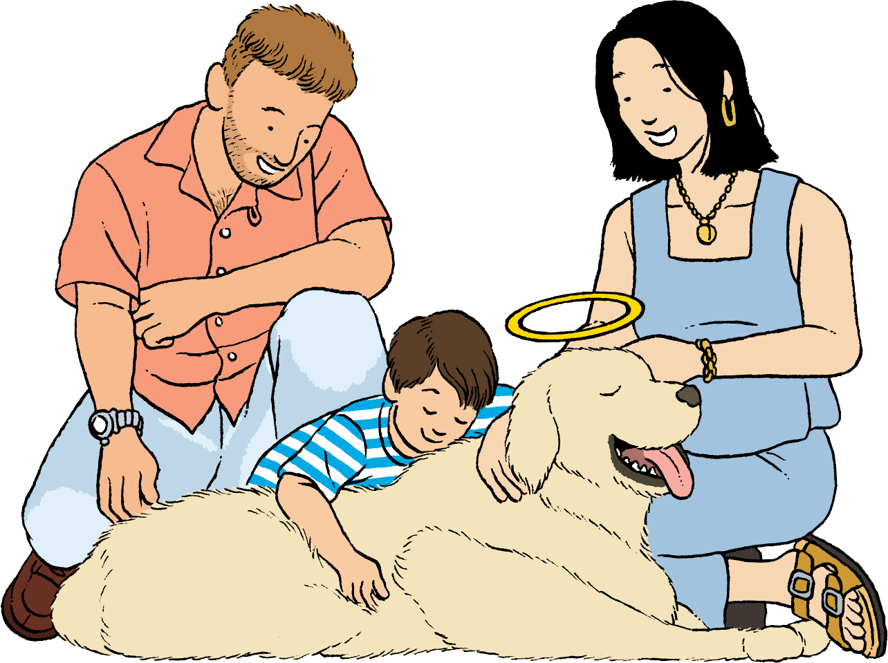 Illustration of family cuddling with their dog. Pet cremation.