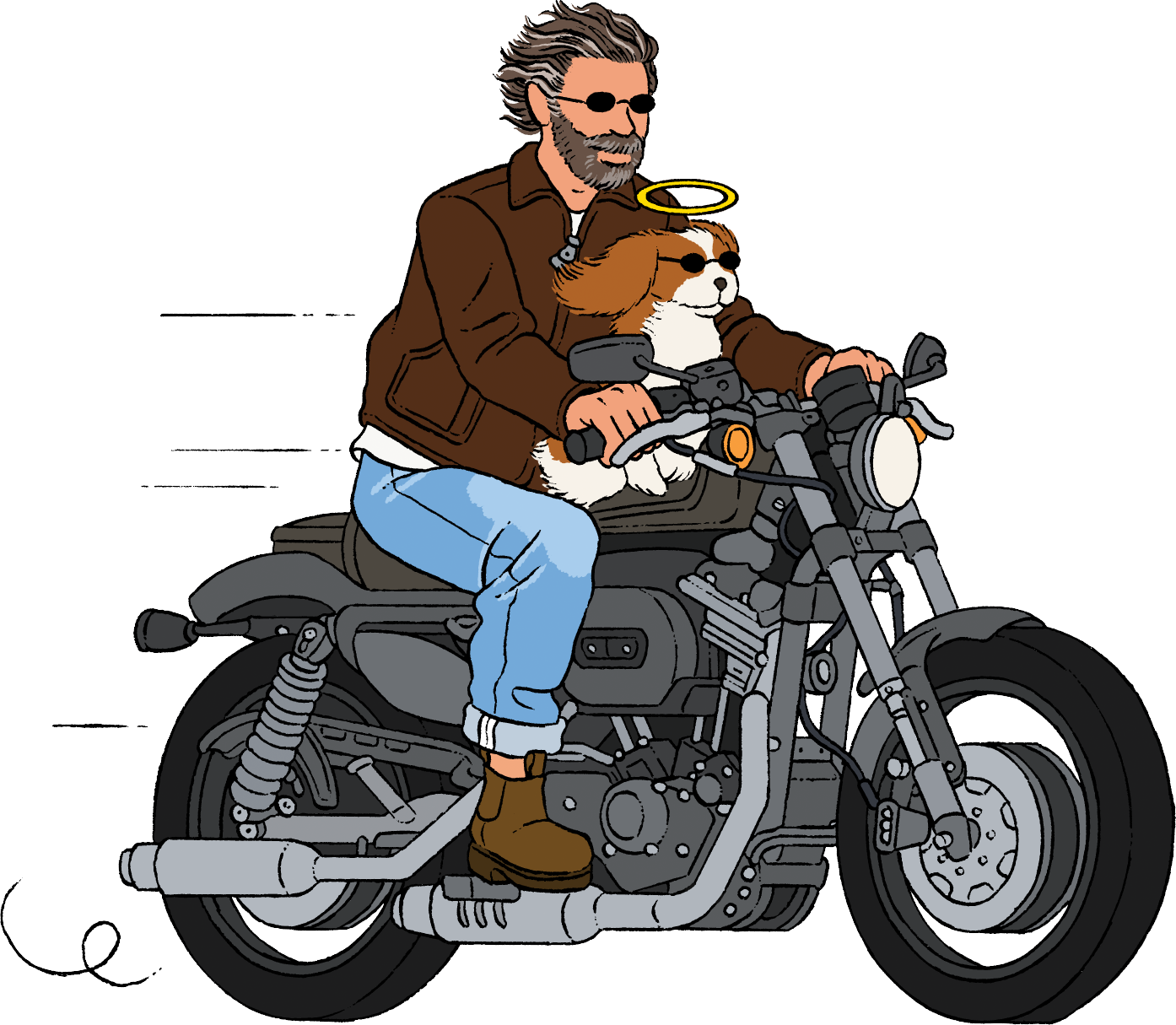Illustration of man riding his motorcycle with his dog. Pet cremation.