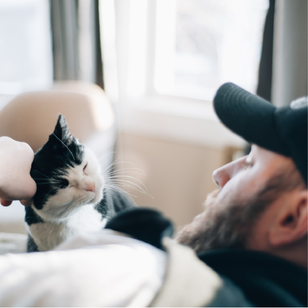 Man sitting with his black and white cat on his lap, scratching the cat's ear. Pet cremation services.